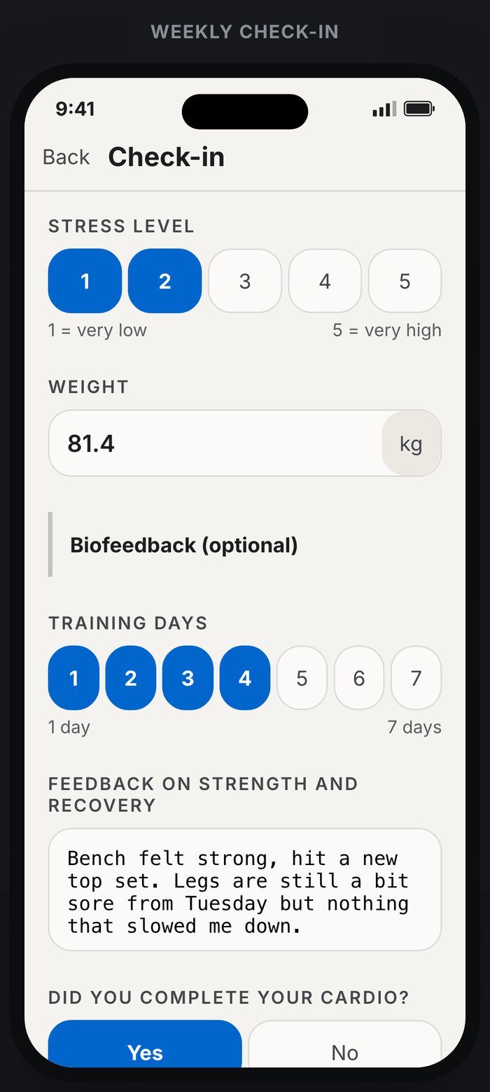 Lean Bodies app weekly check-in screen recording stress level, weight, training days and recovery feedback