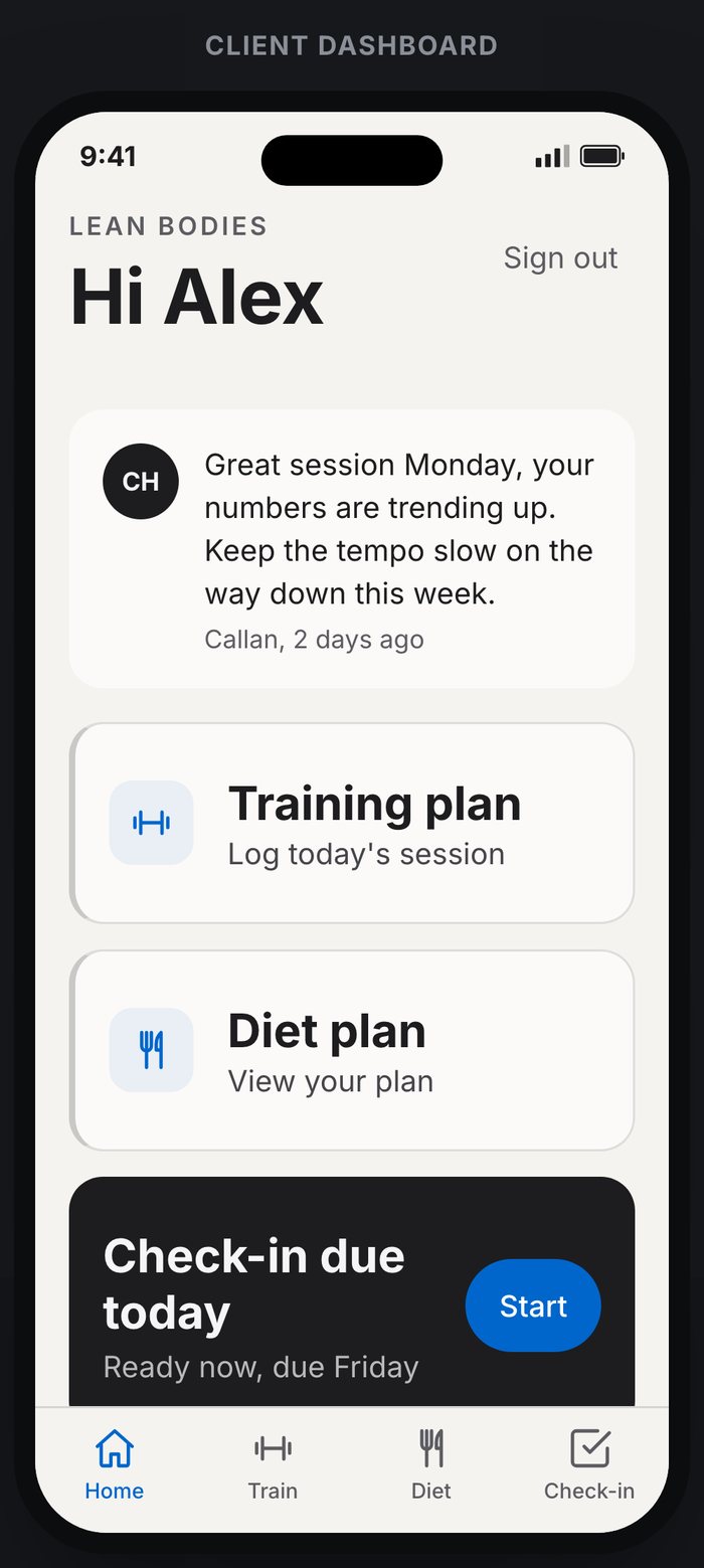 Lean Bodies app client dashboard showing training plan, diet plan and a check-in due today
