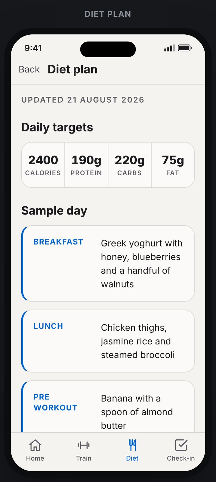 Lean Bodies app diet plan screen showing daily calorie and macro targets with a sample day of meals