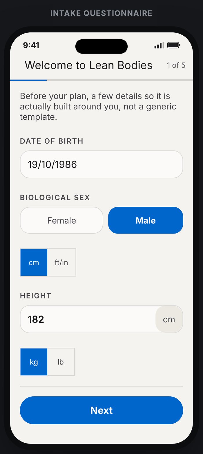 Lean Bodies app intake questionnaire collecting date of birth, sex, height and weight to build a bespoke plan