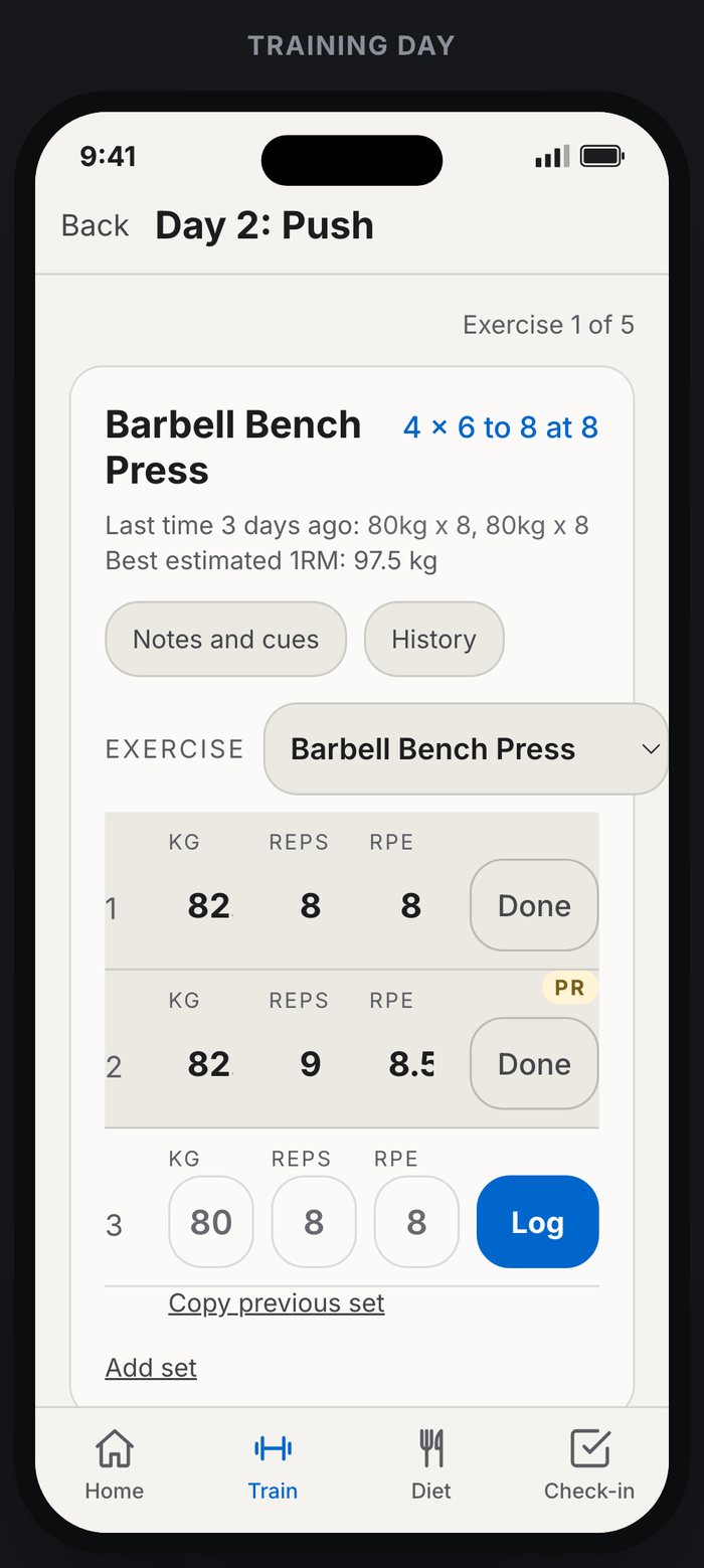 Lean Bodies app training day screen logging a barbell bench press set with weight, reps and RPE